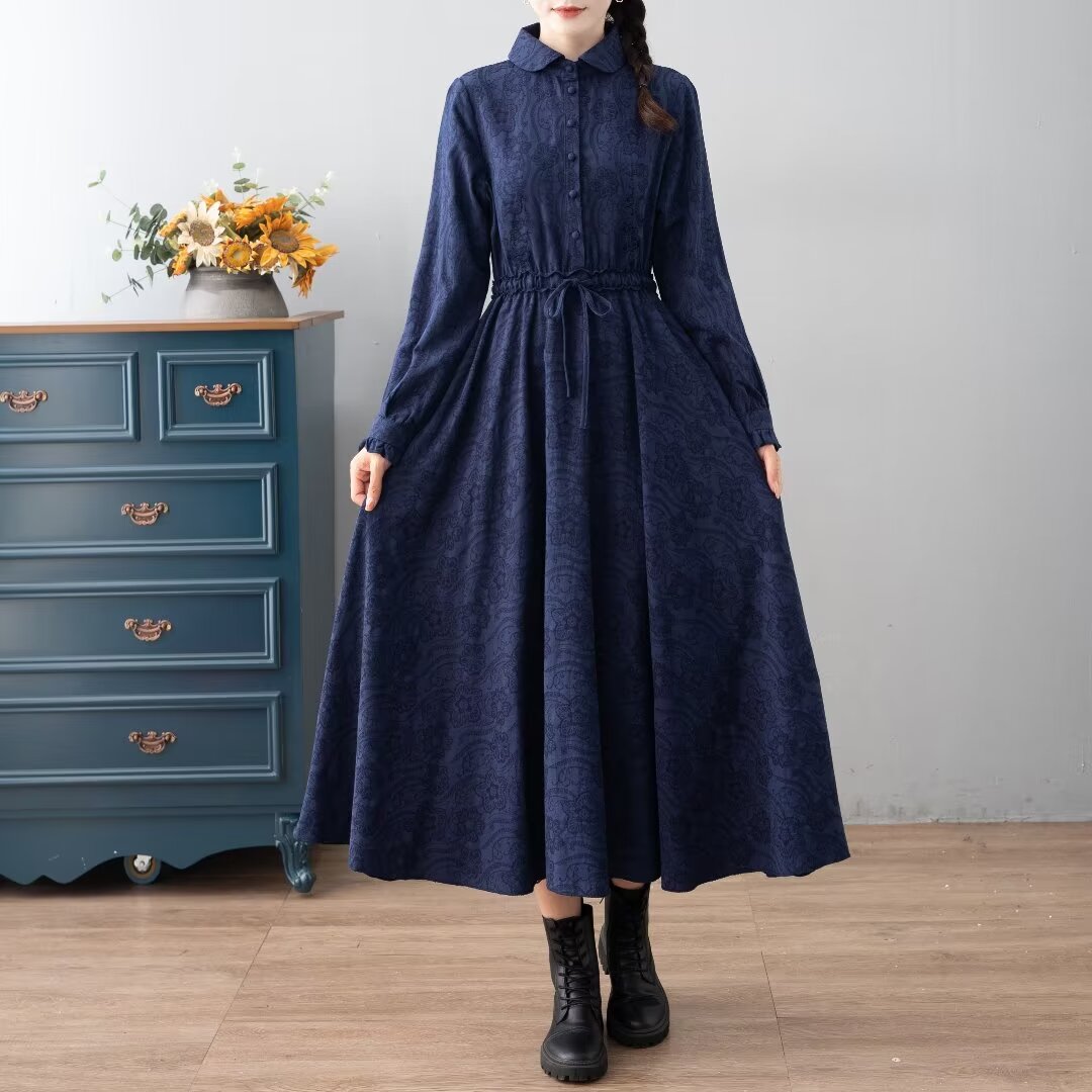 春秋款显瘦文艺复古收腰宽松连衣裙棉麻长袖女装连衣裙气质中长款