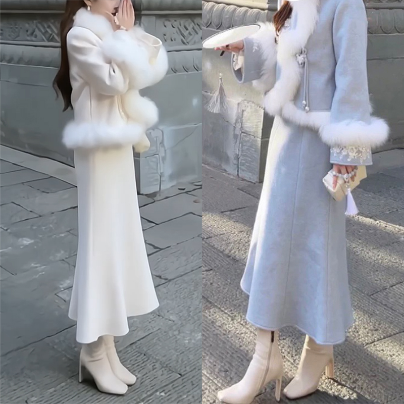 冬季秋冬新中式国风复古刺绣毛毛羽绒外套鱼尾裙半身裙套装两件套