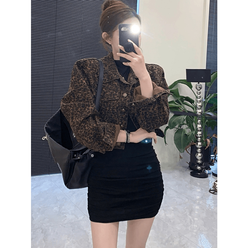 复古豹纹翻领牛仔外套女别致高腰短款夹克上衣气质感百搭时尚韩版