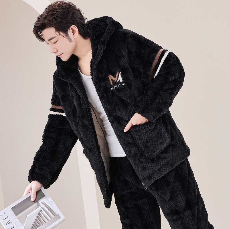 新款睡衣男款秋冬季三层夹棉袄珊瑚绒加绒加厚连帽拉链家居服套装
