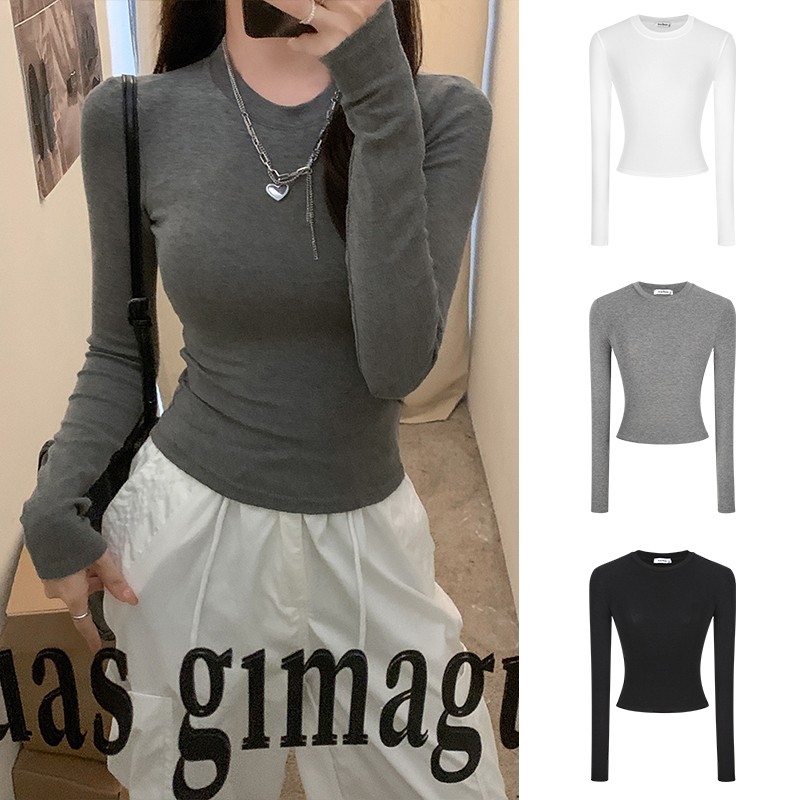 灰色正肩棉质打底衫秋冬新款内搭紧身收腰上衣短款修身长袖T恤女
