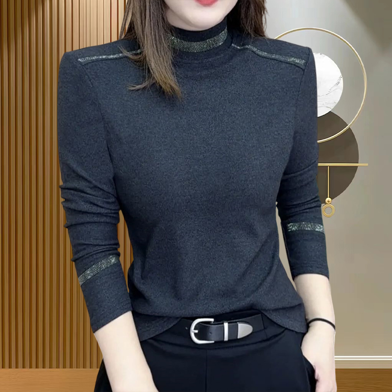 半高领烫钻打底衫女秋冬2025新款纯色长袖百搭妈妈装减龄显瘦上衣