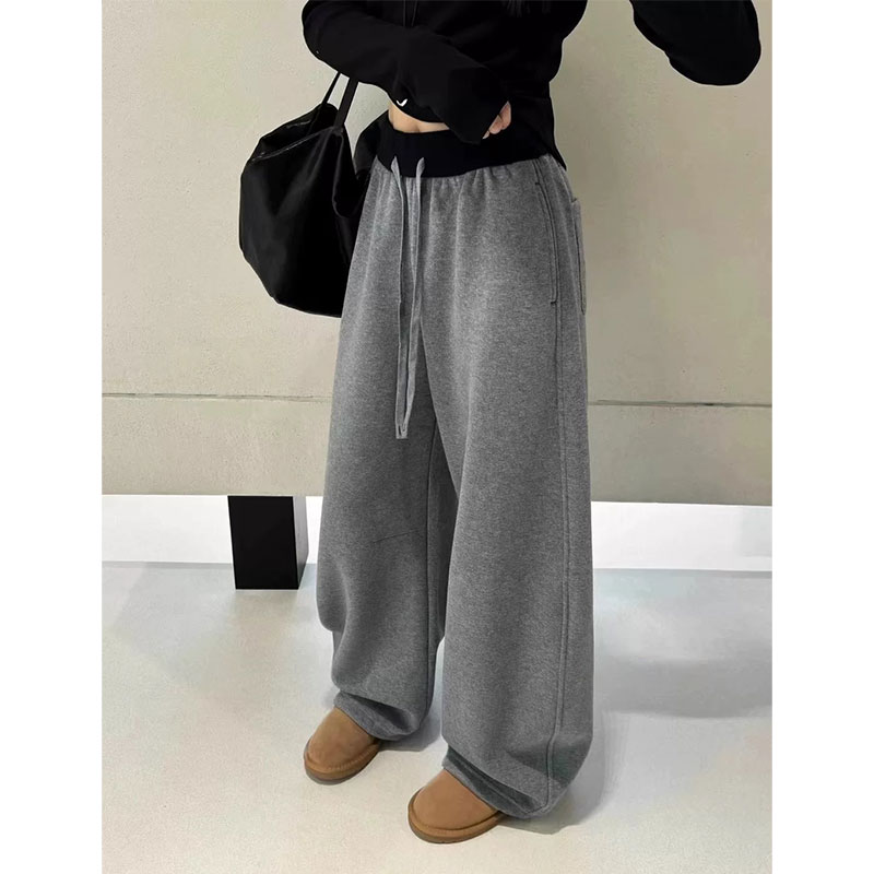 冬季高级感拼色抽绳加绒运动裤女宽松显瘦弯刀卫裤休闲遮肉阔腿裤