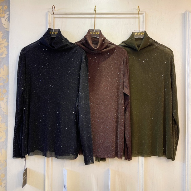 春秋新款时尚显瘦半高领内搭简约薄款打底衫女设计感网纱长袖T恤