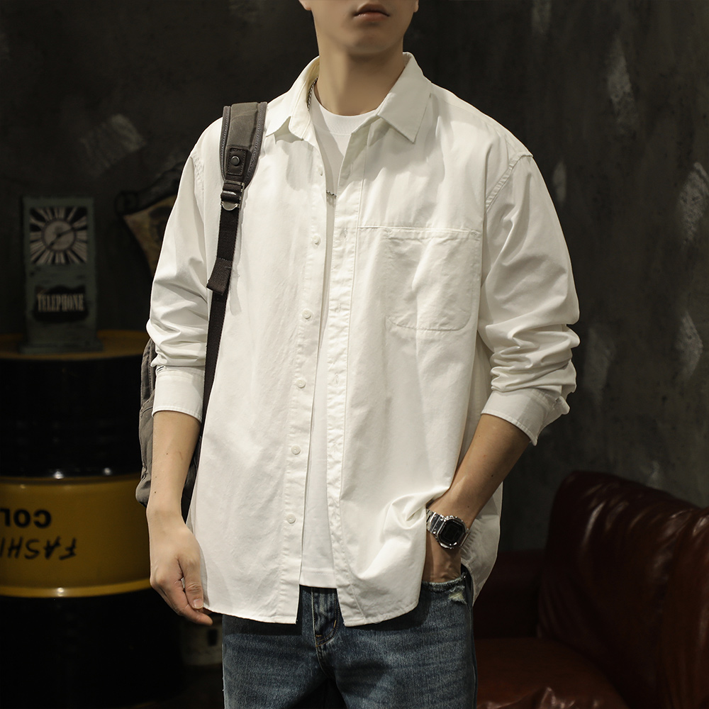秋季新款日系少年感白色衬衣男士潮牌百搭纯棉长袖衬衫外套上衣潮
