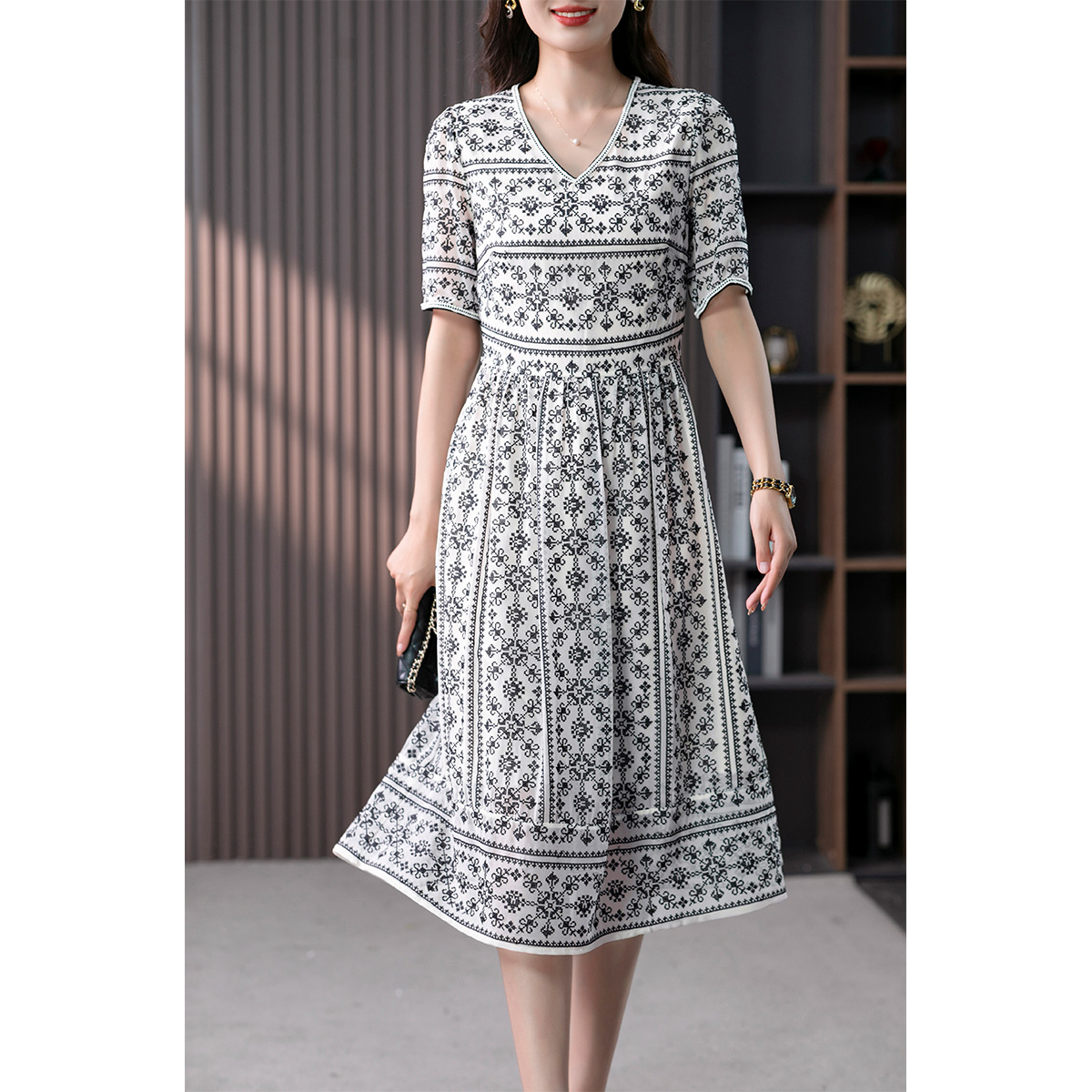 原形桑蚕丝12姆米乔其优雅连衣裙女韩版气质U87845