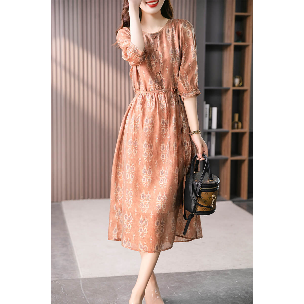 原形气质印花连衣裙韩版设计时尚碎花茶歇裙洋气显瘦复古U89103