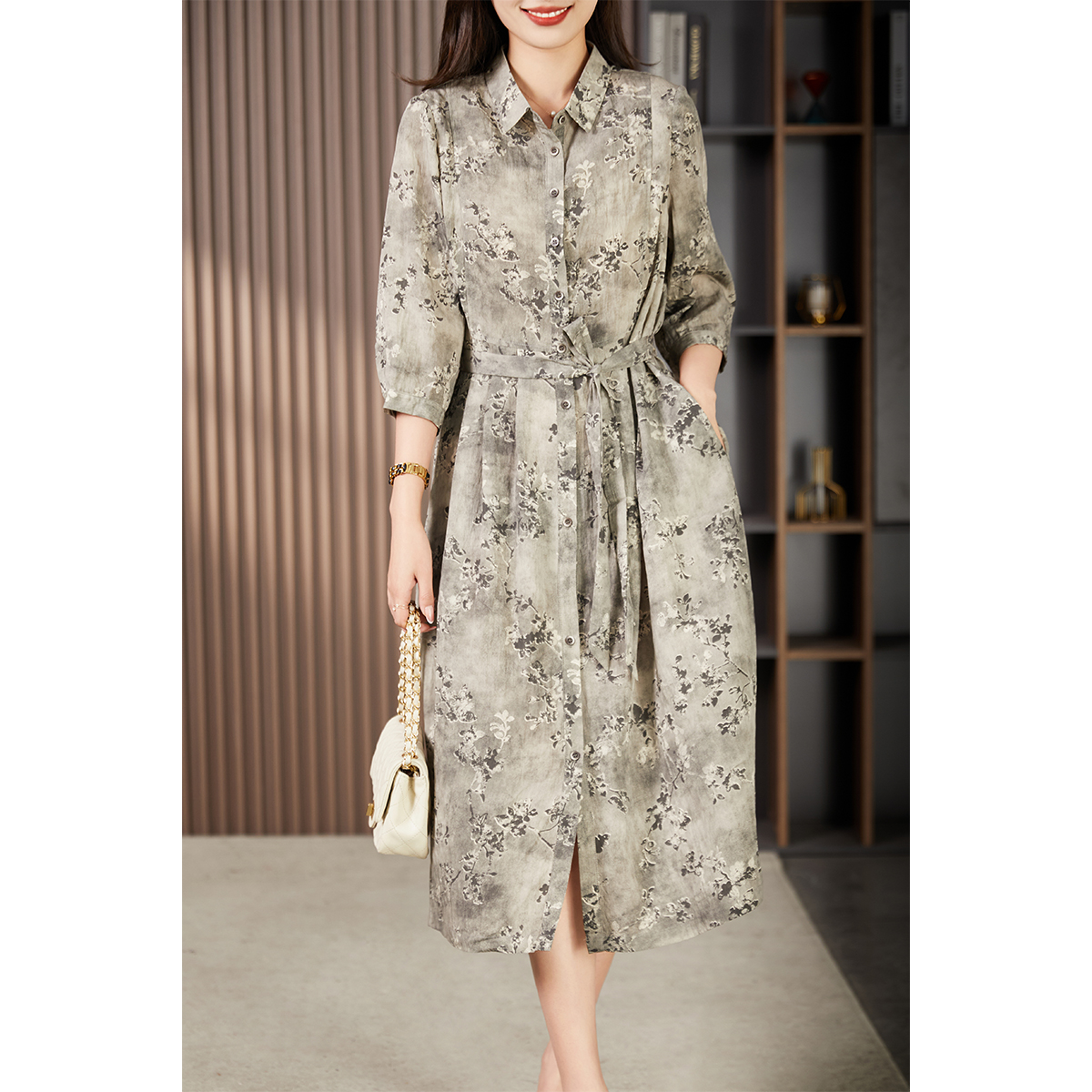 原形2026春季新款水墨色气质中长款复古中式连衣裙600011