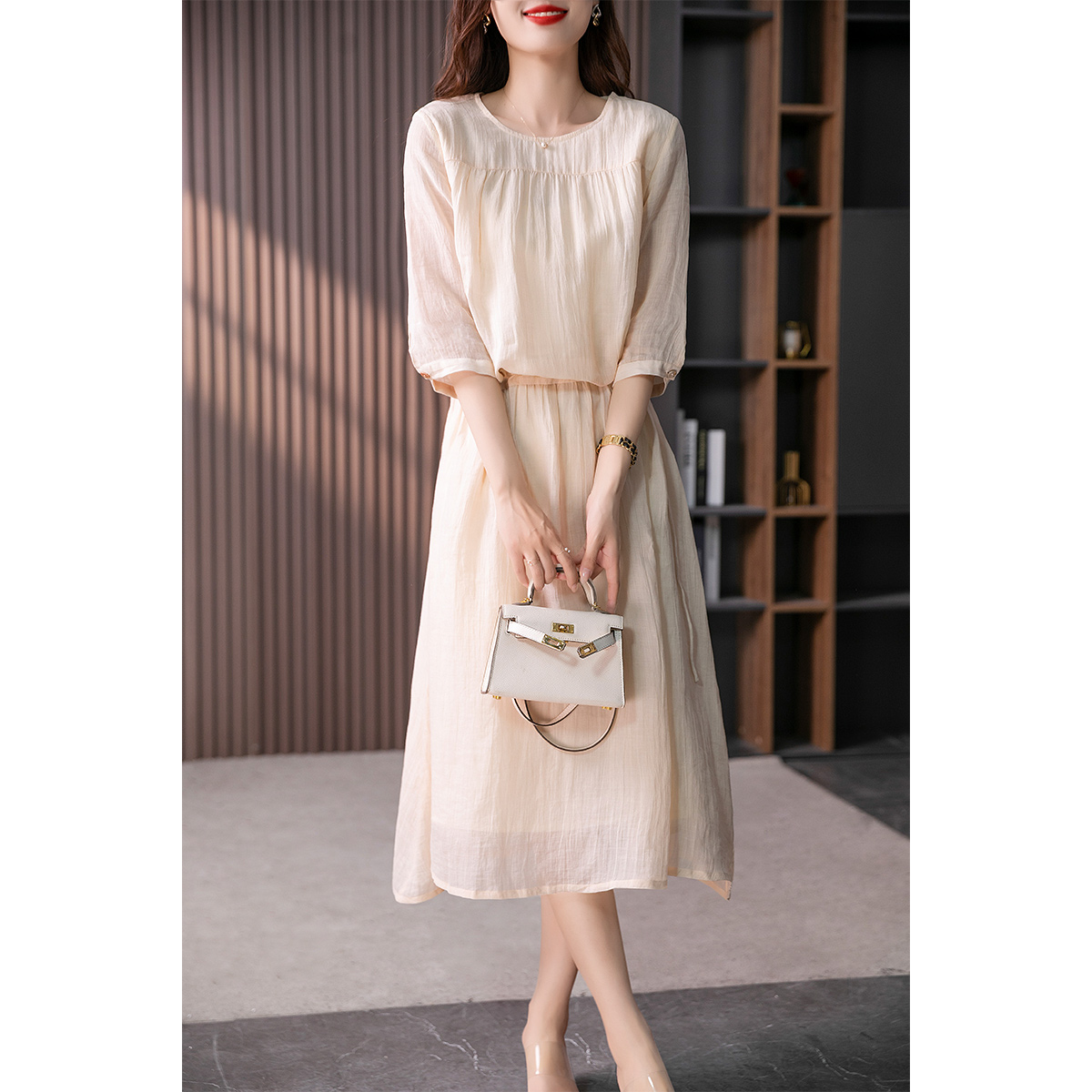 原形文艺复古苎麻连衣裙高级感优雅减龄长裙U89136-1