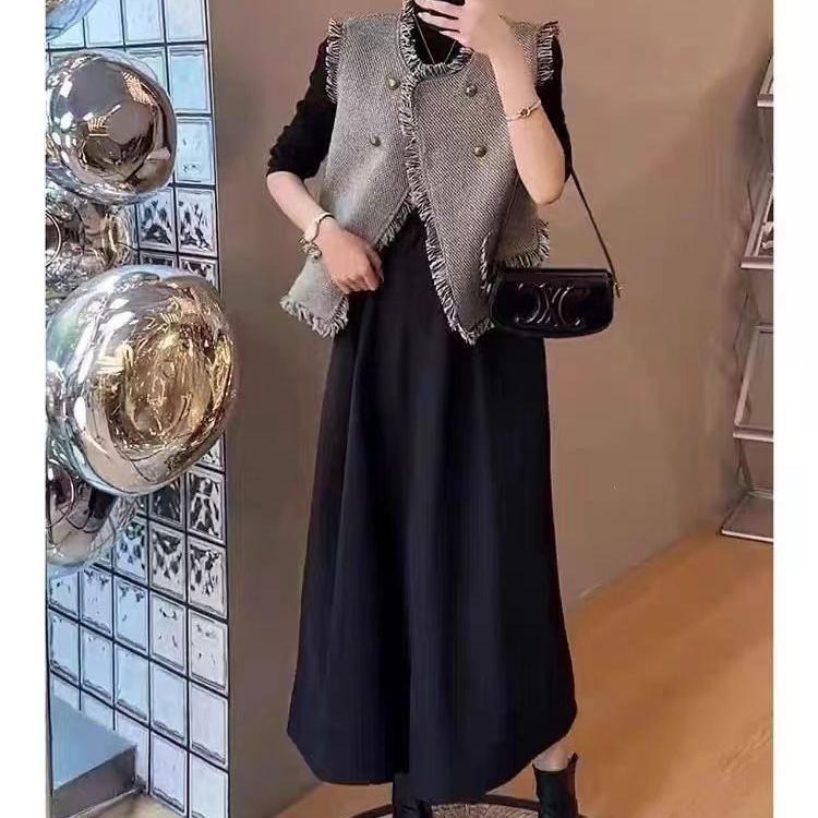 法式小香风马甲连衣裙两件套2024春秋新款大码胖MM高级感时髦套装