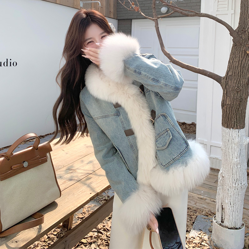 毛毛拼接牛仔派克棉服女冬季2024新款小个子超好看洋气保暖厚外套