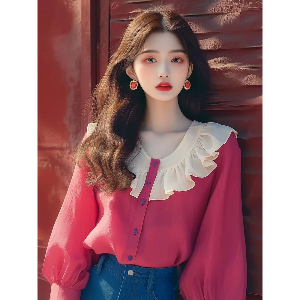 2024早秋新款法式独特小上衣温柔风韩系减龄玫红色雪纺荷叶边衬衫