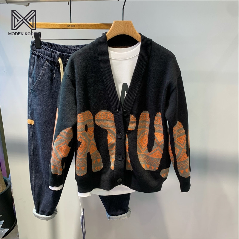 MODEK KODEK潮流字母印花V领针织毛衣男士秋冬新款宽松休闲外套