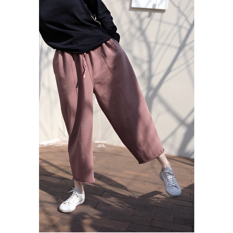 秋季新款文艺复古宽松显瘦加厚休闲裤松紧腰抽绳九分松弛感女装