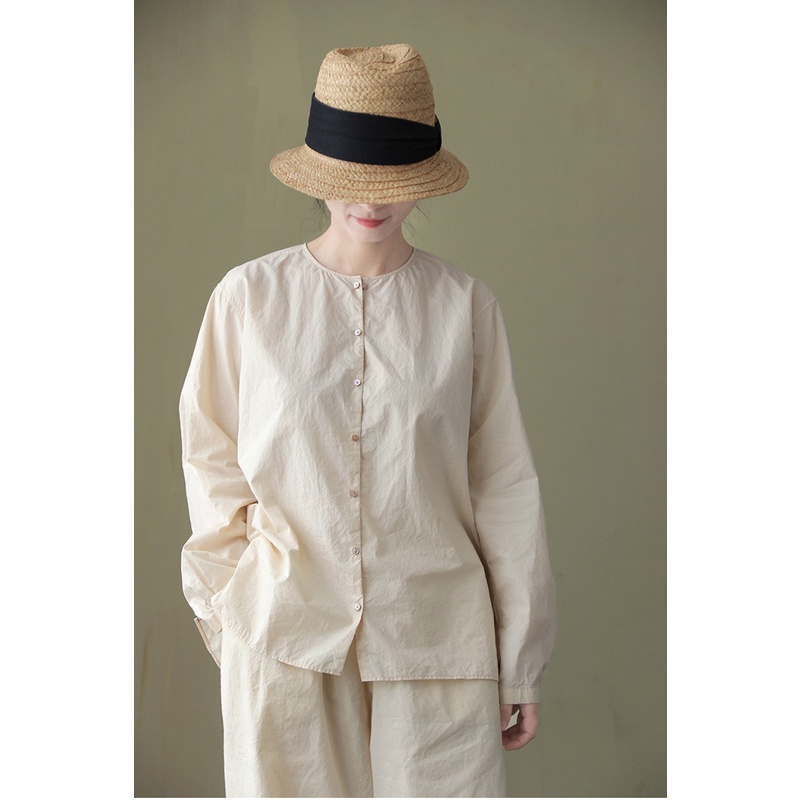春夏新品文艺复古高密长绒棉轻盈感棉布圆领双面穿宽松夏季衬衫