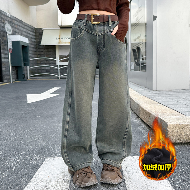 女童秋冬款加绒加厚弯刀裤牛仔裤中大童初中生洋气休闲裤儿童裤子