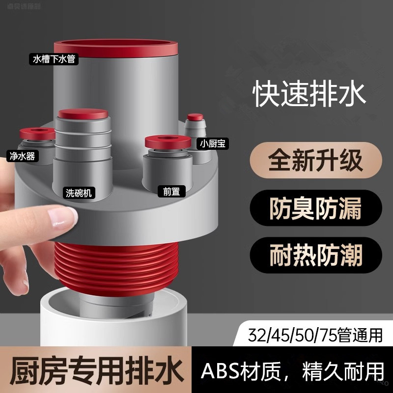 厨房下水三通水槽排水管5075通用防臭前置洗碗机净水器集成下水器