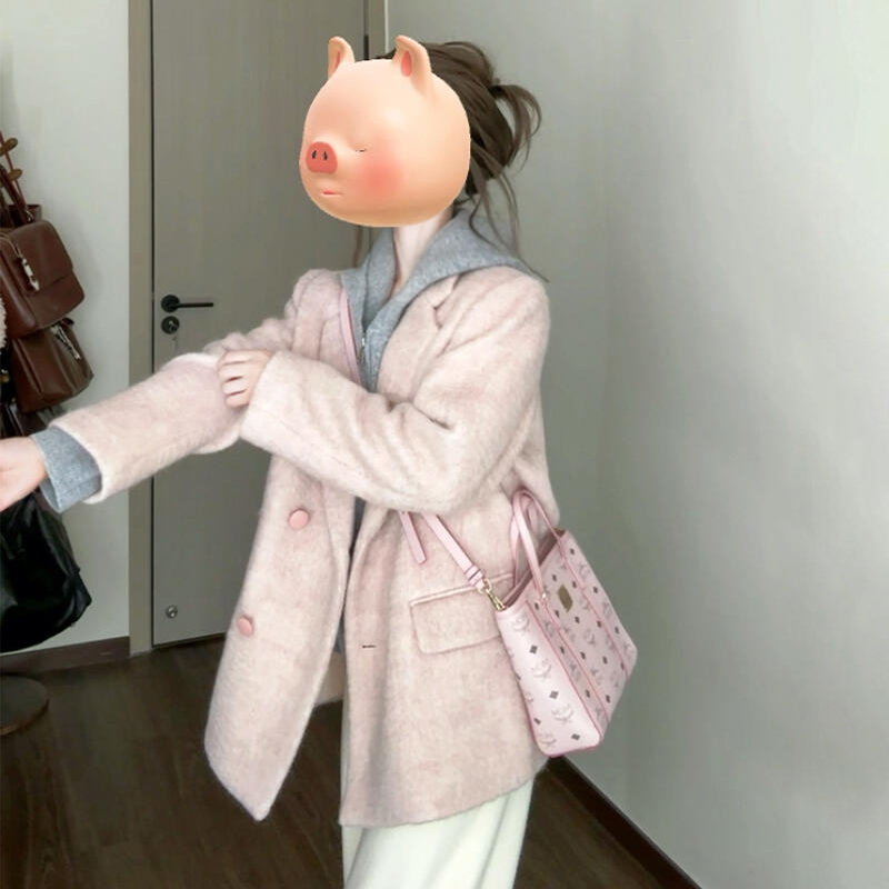 CY7484小香风粉色毛呢外套女早秋2025新款高级感加厚中长款大衣