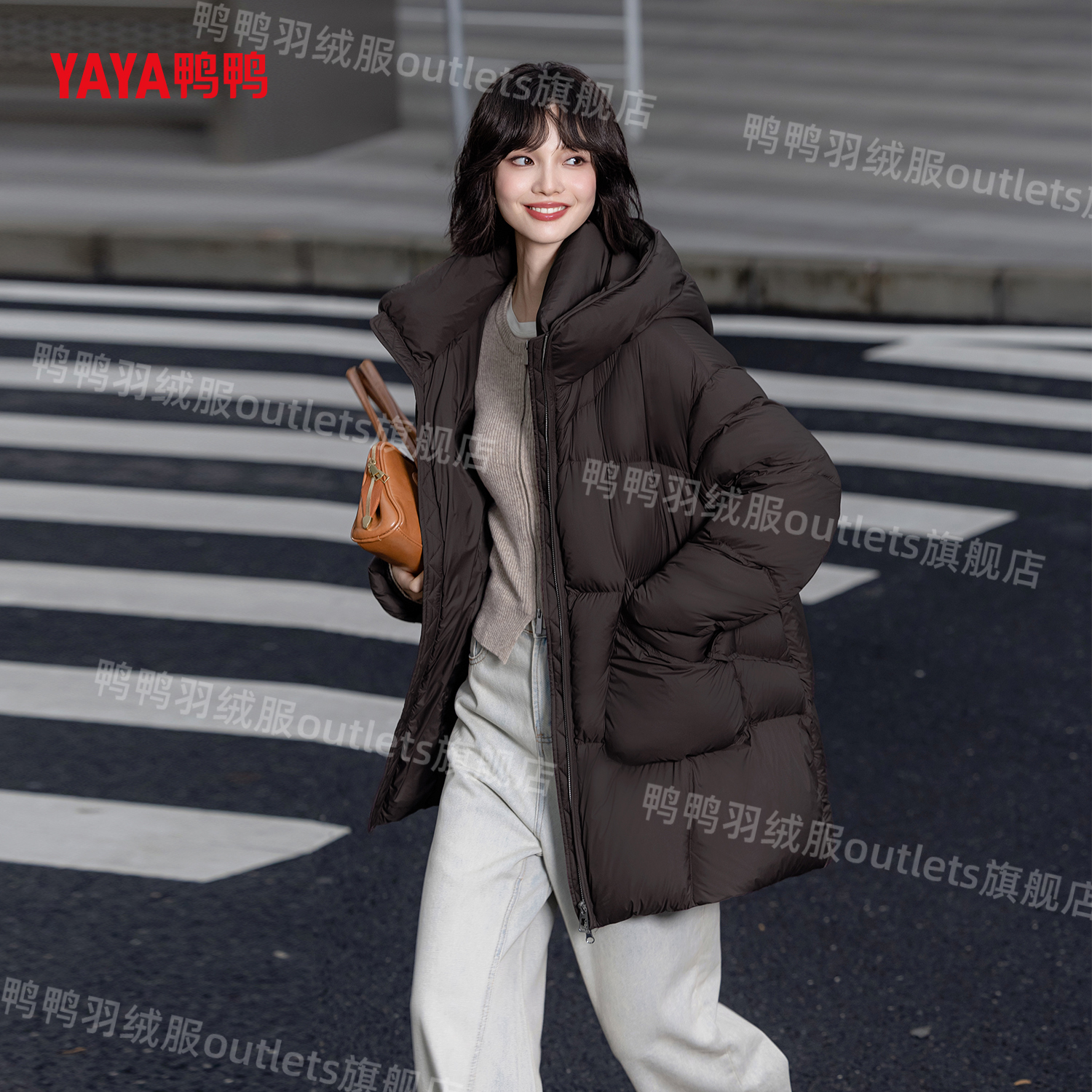 YAYA/鸭鸭羽绒服女款爆款2025新款90白鸭绒宽松女士中长款羽绒服