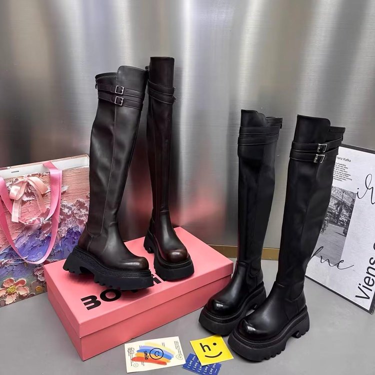 【新疆顺丰包邮】长靴女鞋新款厚底时尚英伦风光面加绒长靴G60