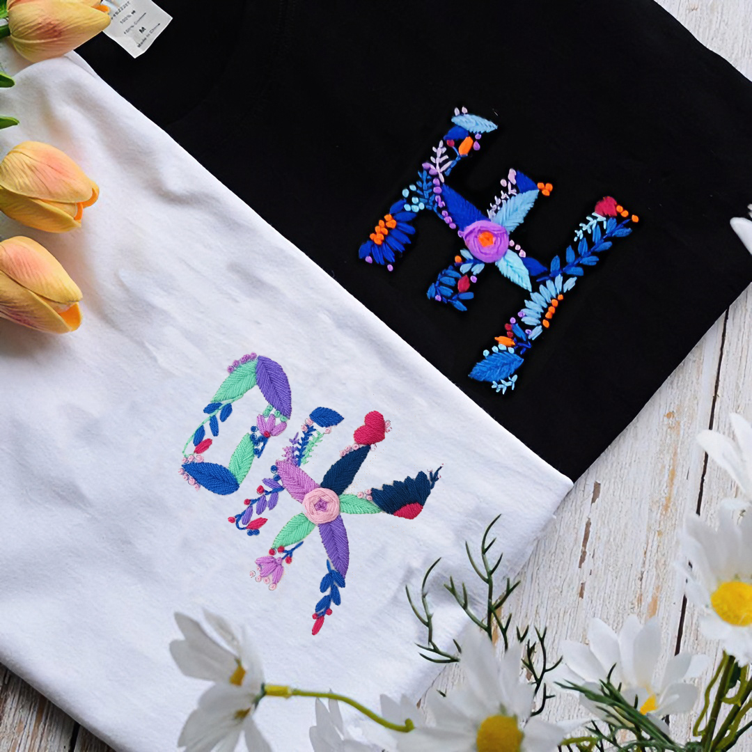 汉字姓氏刺绣手工diy材料包花草图案自绣衣服纯棉T恤男友情侣礼物