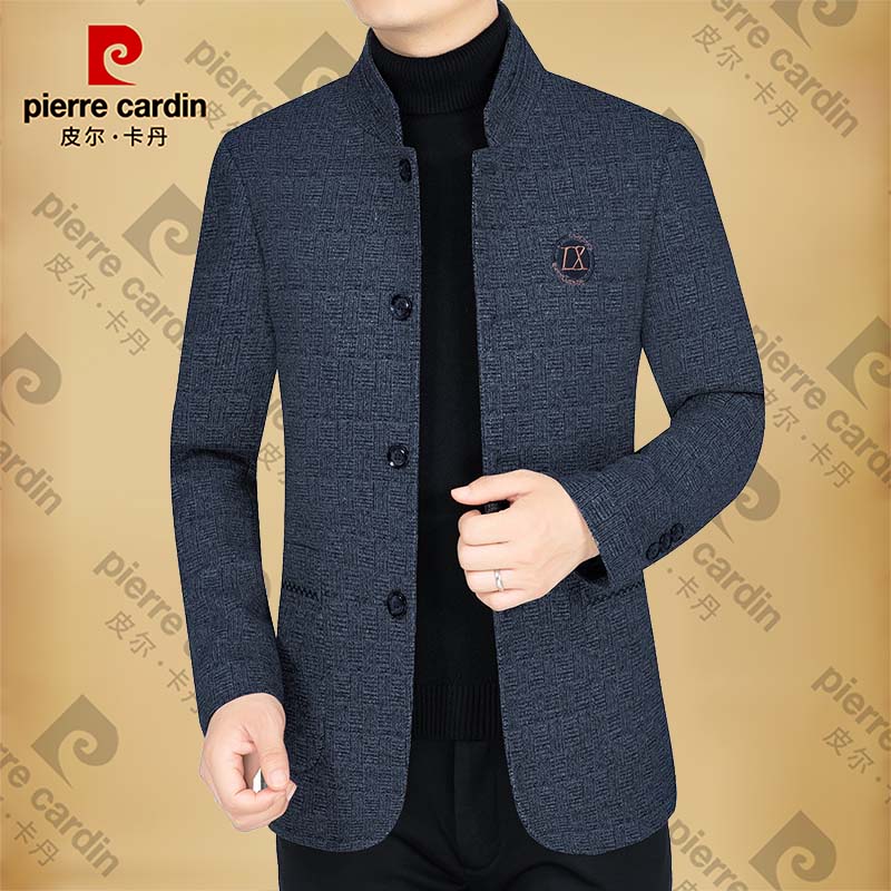 皮尔卡丹男士商务休闲立领夹克中年男装外套中山装外套春秋冬