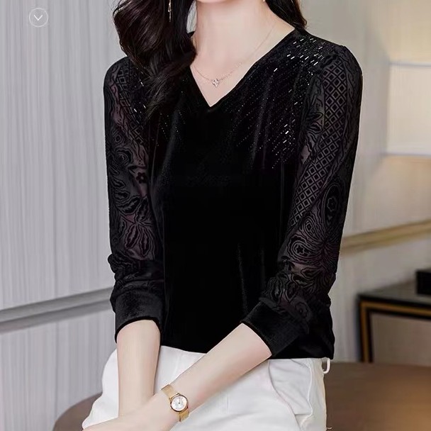 秋季新款丝绒打底衫显瘦气质百搭烫钻t恤洋气黑色上衣女