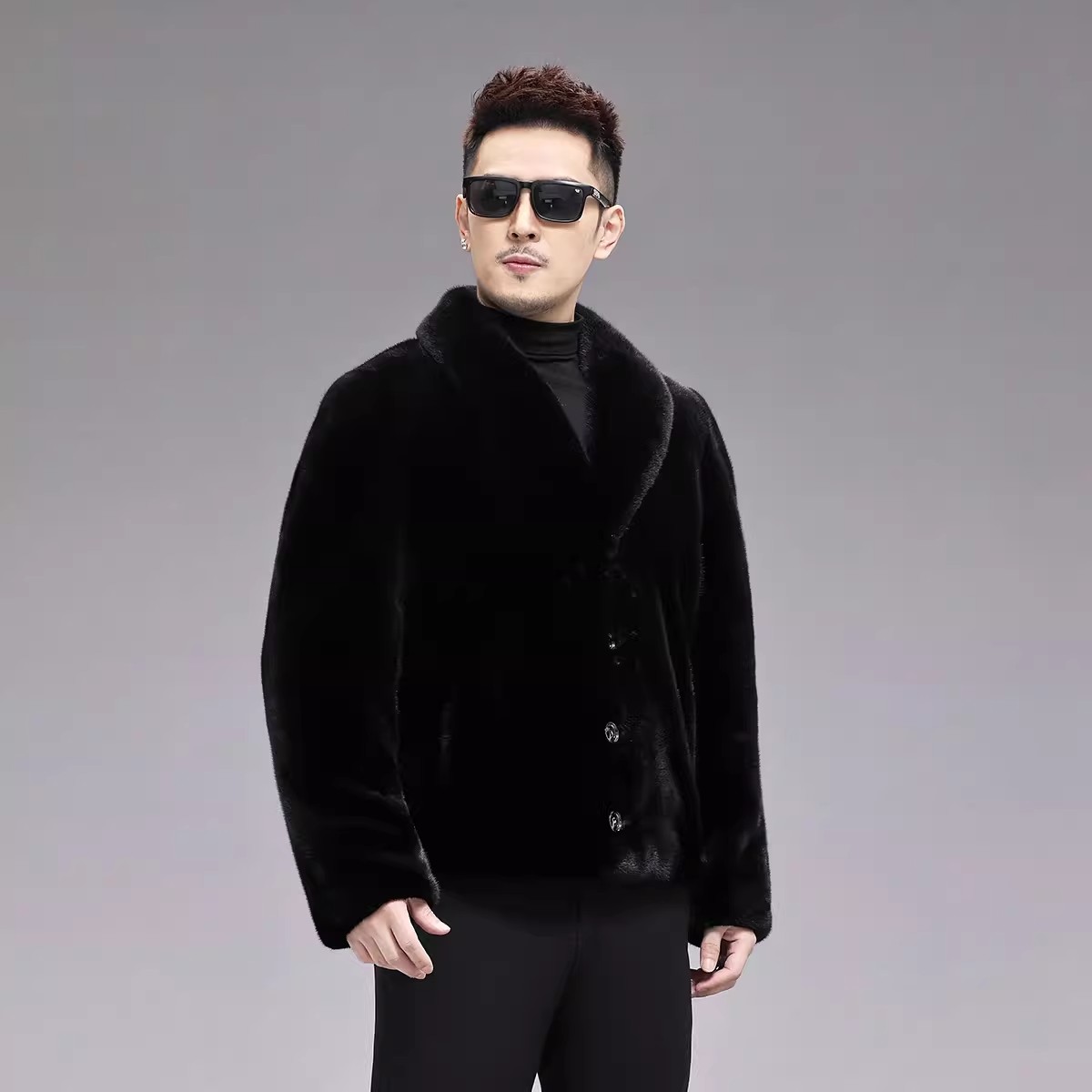2025新款美国进口宝嘉美貂皮外套男装青果领整貂貂皮大衣男短款