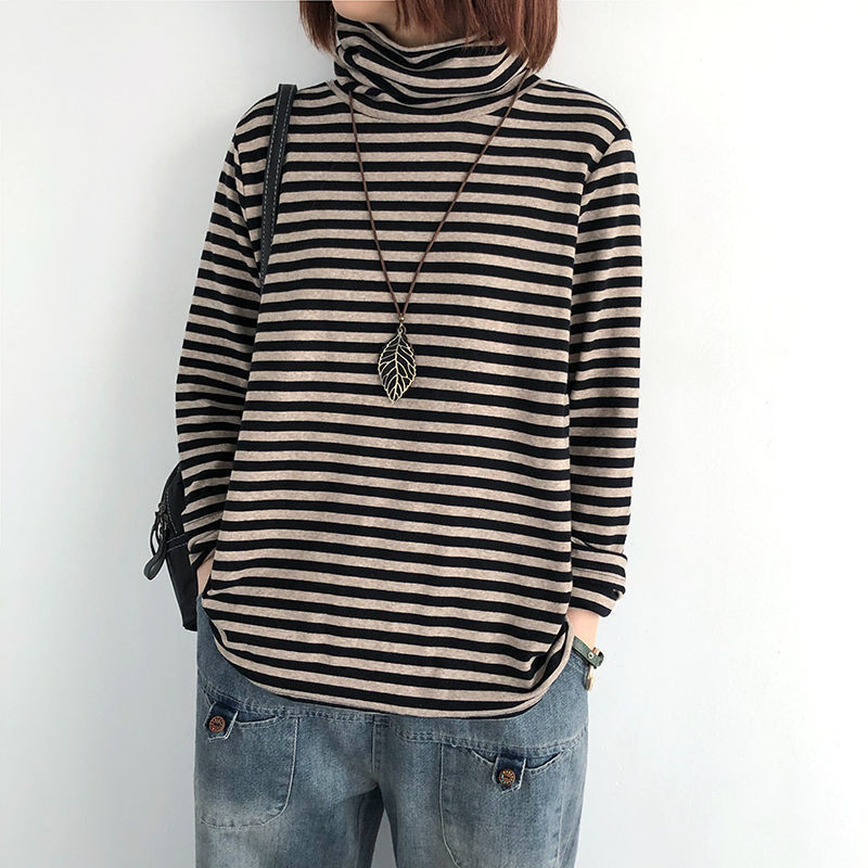 欧货高档纯棉设计感条纹时尚宽松长袖上衣秋冬百搭加绒加厚打底衫