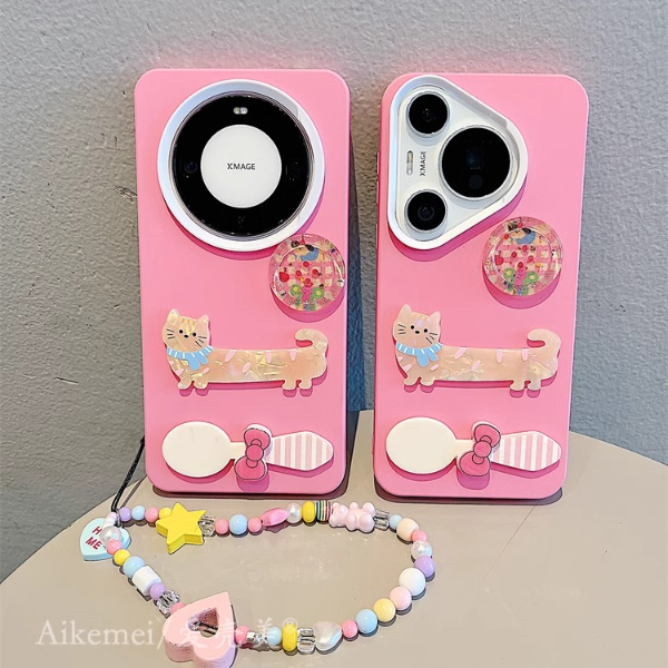 适用华为mate60立体纽扣猫咪手机壳50/50pro趣味pro+带挂绳支架壳