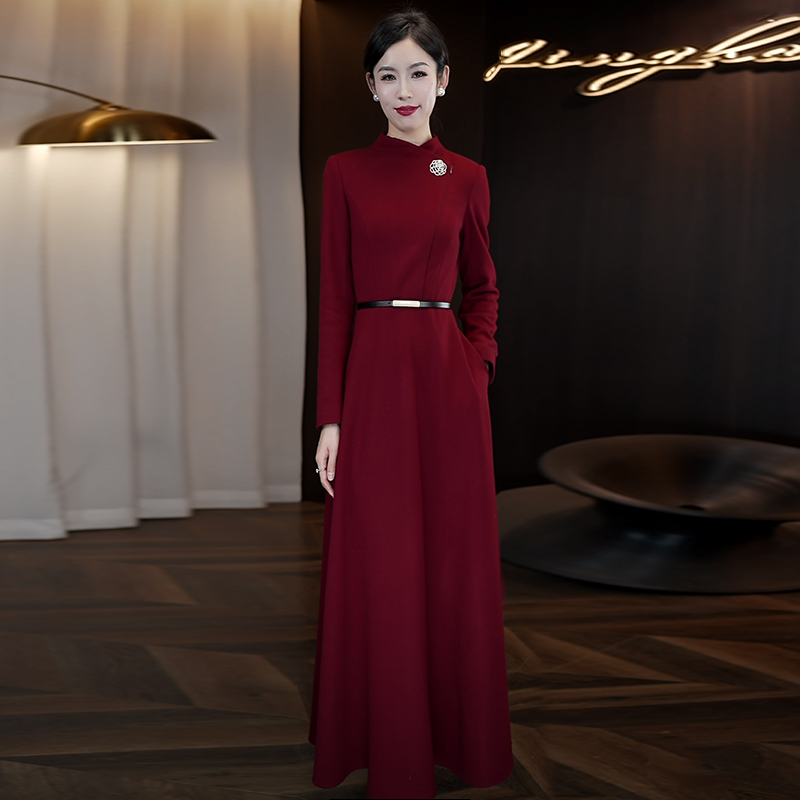 加厚毛呢连衣裙2025秋季新款修身喜婆婆喜妈妈裙子高级感穿搭长裙