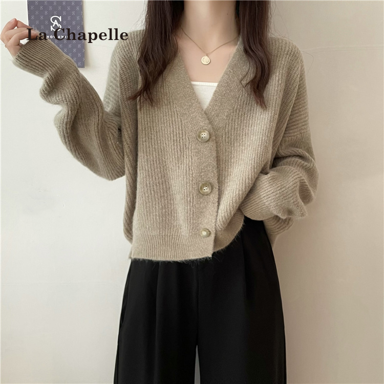 拉夏贝尔软糯毛衣针织开衫外套女春秋设计感女小众小香风v领上衣