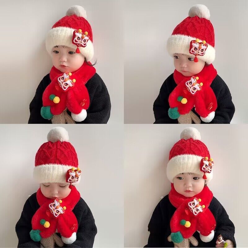 【沫沫家】宝宝帽子冬款过年中国风新年毛线帽加棉儿童帽子围巾