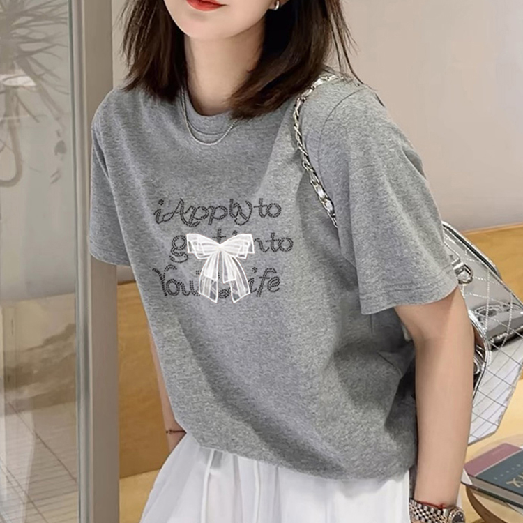 正肩纯棉圆领短袖t恤女2025新款时尚百搭洋气上衣薄款灰色t恤女