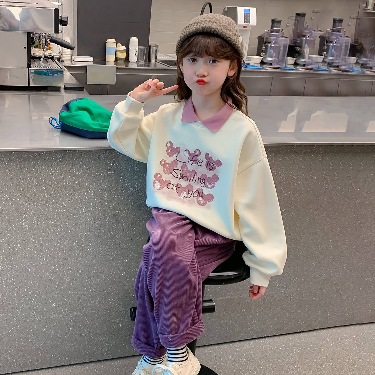 女童2025秋季新款时尚洋气百搭小熊印花假两件套头卫衣Q12631