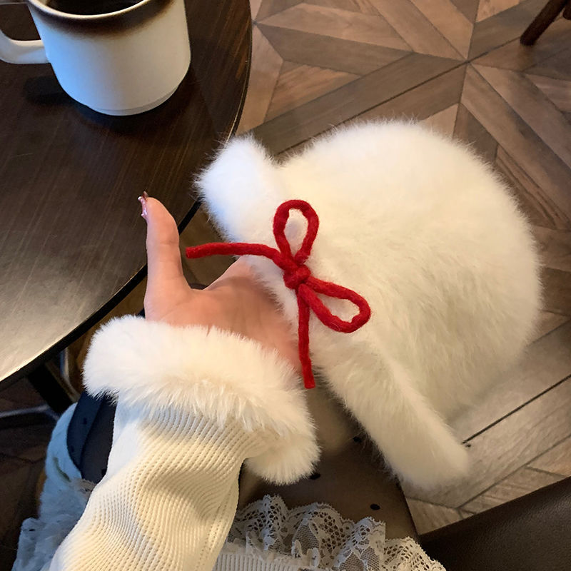 纯萃美新年红色蝴蝶结毛绒盆帽子女冬季圣诞名媛风千金显脸小礼帽