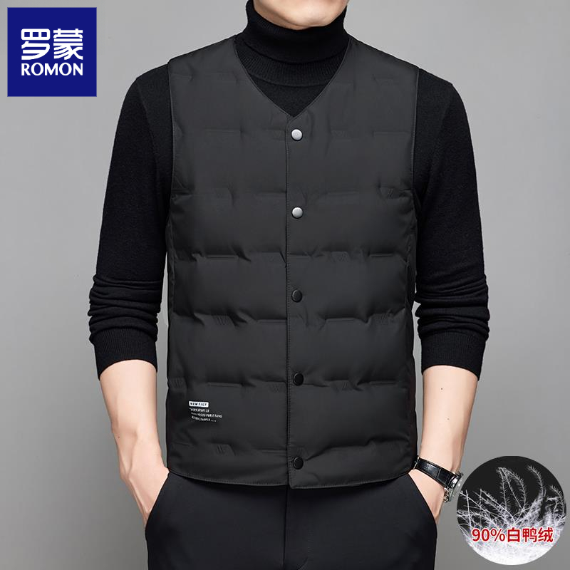 罗蒙男士V领白鸭绒羽绒背心马甲秋冬季爸爸装保暖无袖坎肩外套