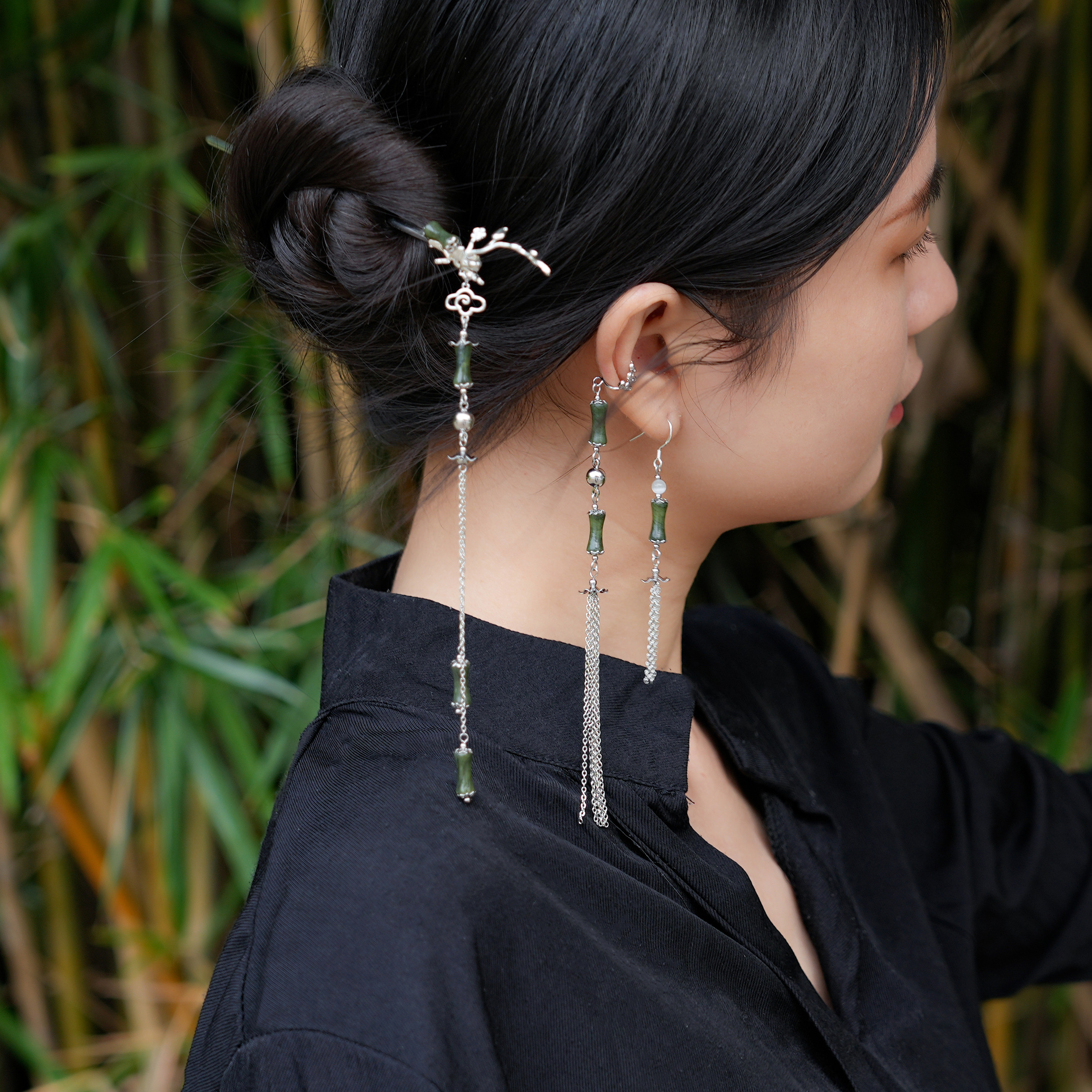 钛钢耳饰 亭中荷【清秋】耳钩手工气质复古古风长款时尚国风