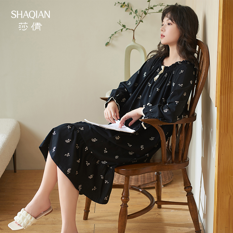 莎倩睡裙女春秋季2025新款柔软棉长袖宽松中长款女士睡衣可外穿