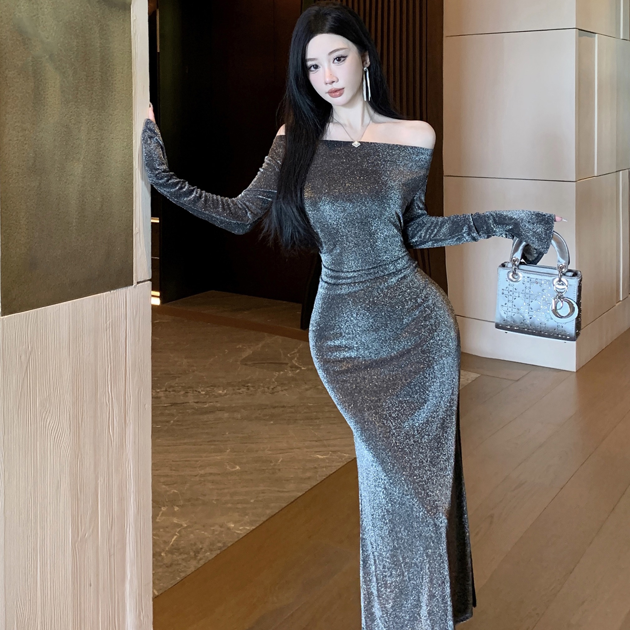 新款名媛气质闪闪荡领收腰显瘦长款礼服生日年会宴会鱼尾连衣裙