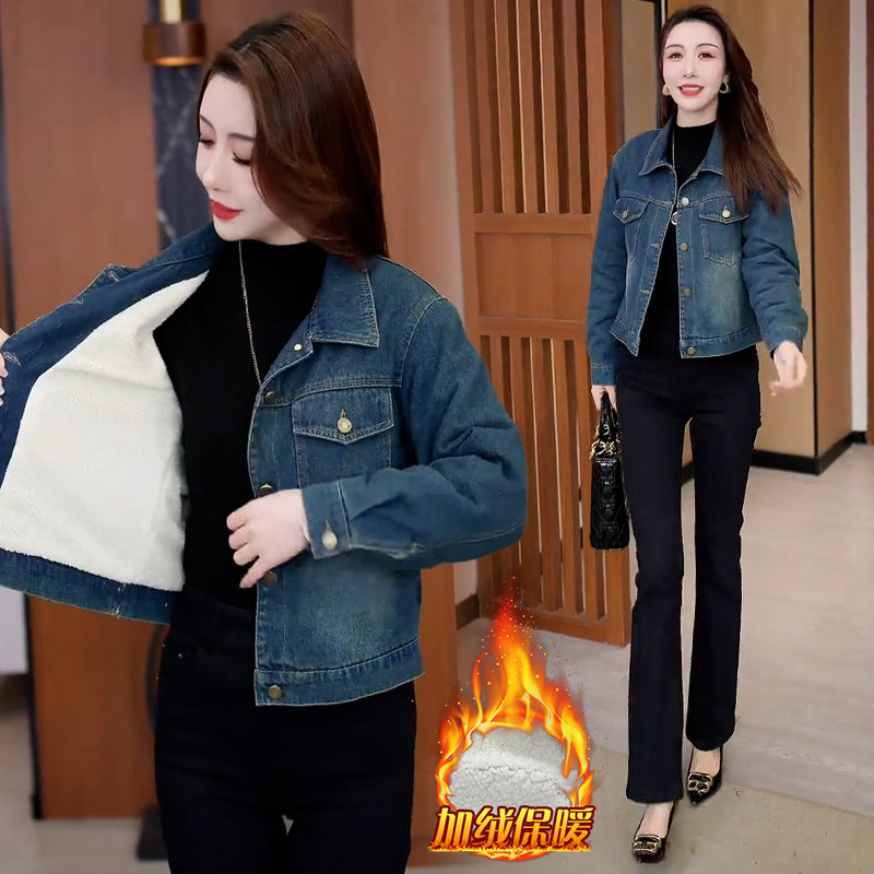 高含棉2025年秋冬新款复古休闲牛仔短外套女宽松加绒加厚翻领上衣