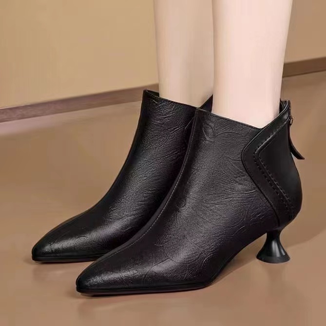2025压花冬后拉链中跟短靴秋冬中跟冬季时尚气质细跟粗跟女靴