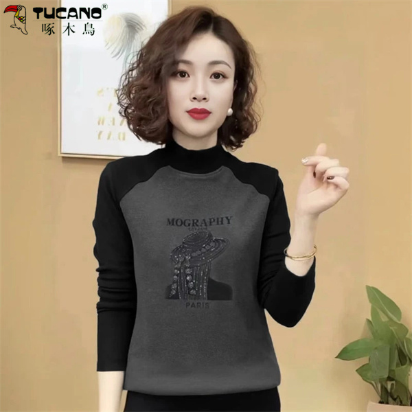 啄木鳥秋冬新款现货保暖双面绒打底衫半高领长袖上衣女妈妈装女