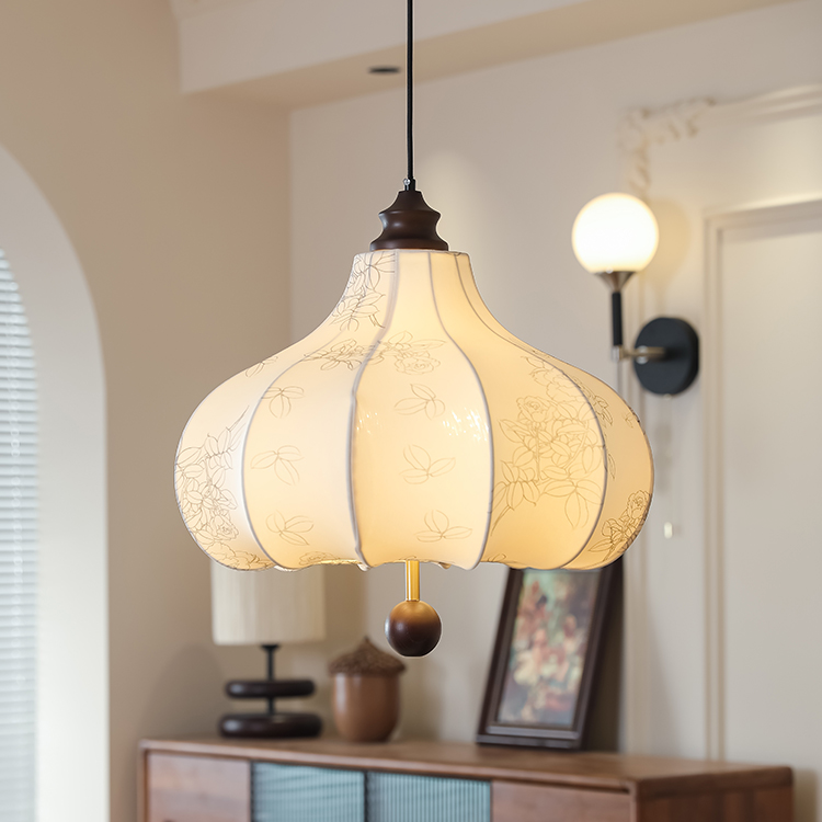 法式中古餐厅布艺吊灯复古花纹实木卧室衣帽间吧台栗子灯南洋实木