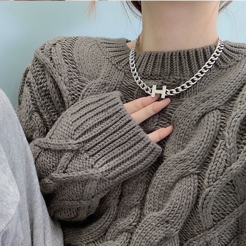 粗链条字母H项链锁骨链欧美个性嘻哈秋冬毛衣链简约时髦短款颈链