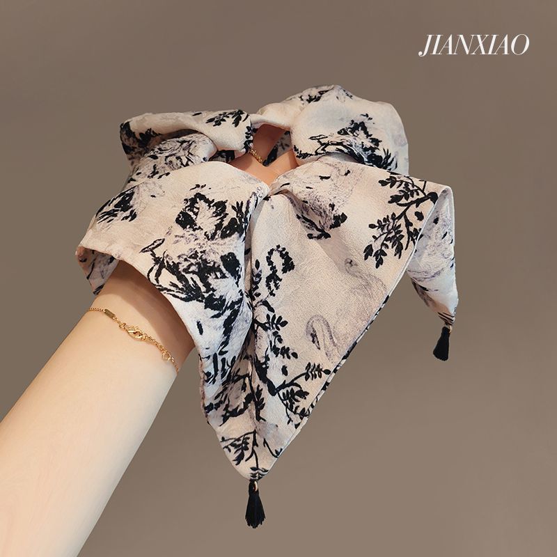 韩国发饰高级精致新中式灰色水墨画印花流苏小方巾发圈大肠圈发绳