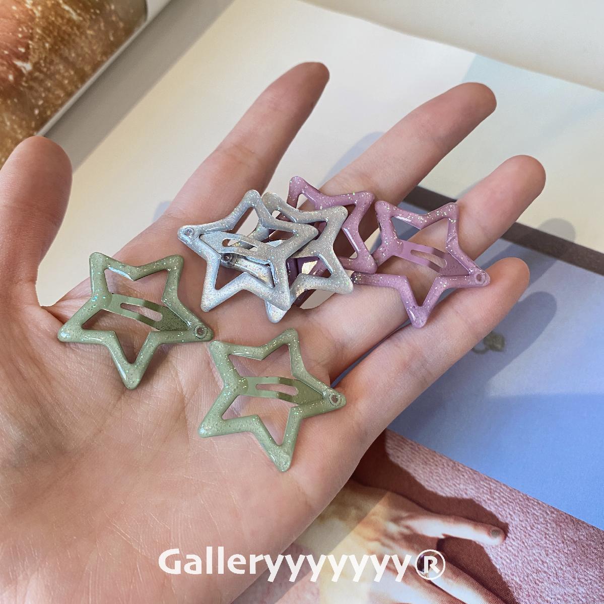 Gallery高级银色星星发夹y2k时髦辣妹滴胶细闪五角星刘海夹侧边夹