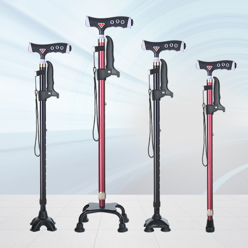 老人伸缩防滑拐杖加厚铝合金四脚拐棍轻便带灯手杖稳固拄拐登山杖