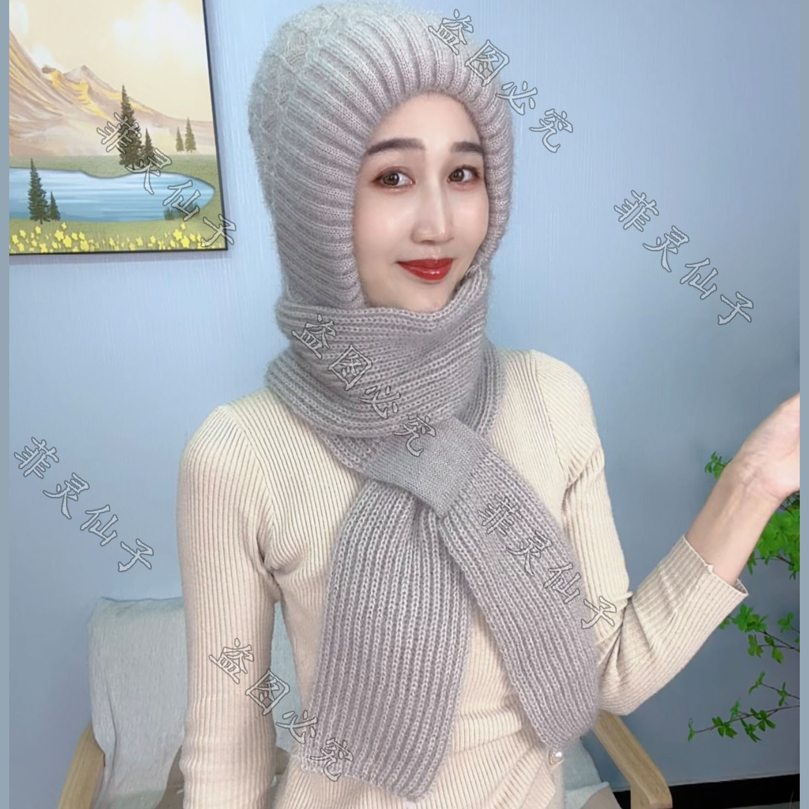 YSP【加大加厚升级】新秋冬松鼠绒双层针织加绒加厚风雪帽围脖一体