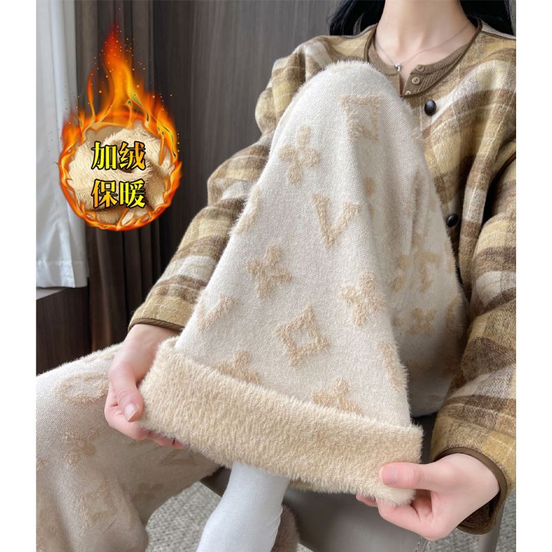 水貂绒提花针织阔腿裤女冬季宽松直筒软糯米裤加绒垂感慵懒拖地裤